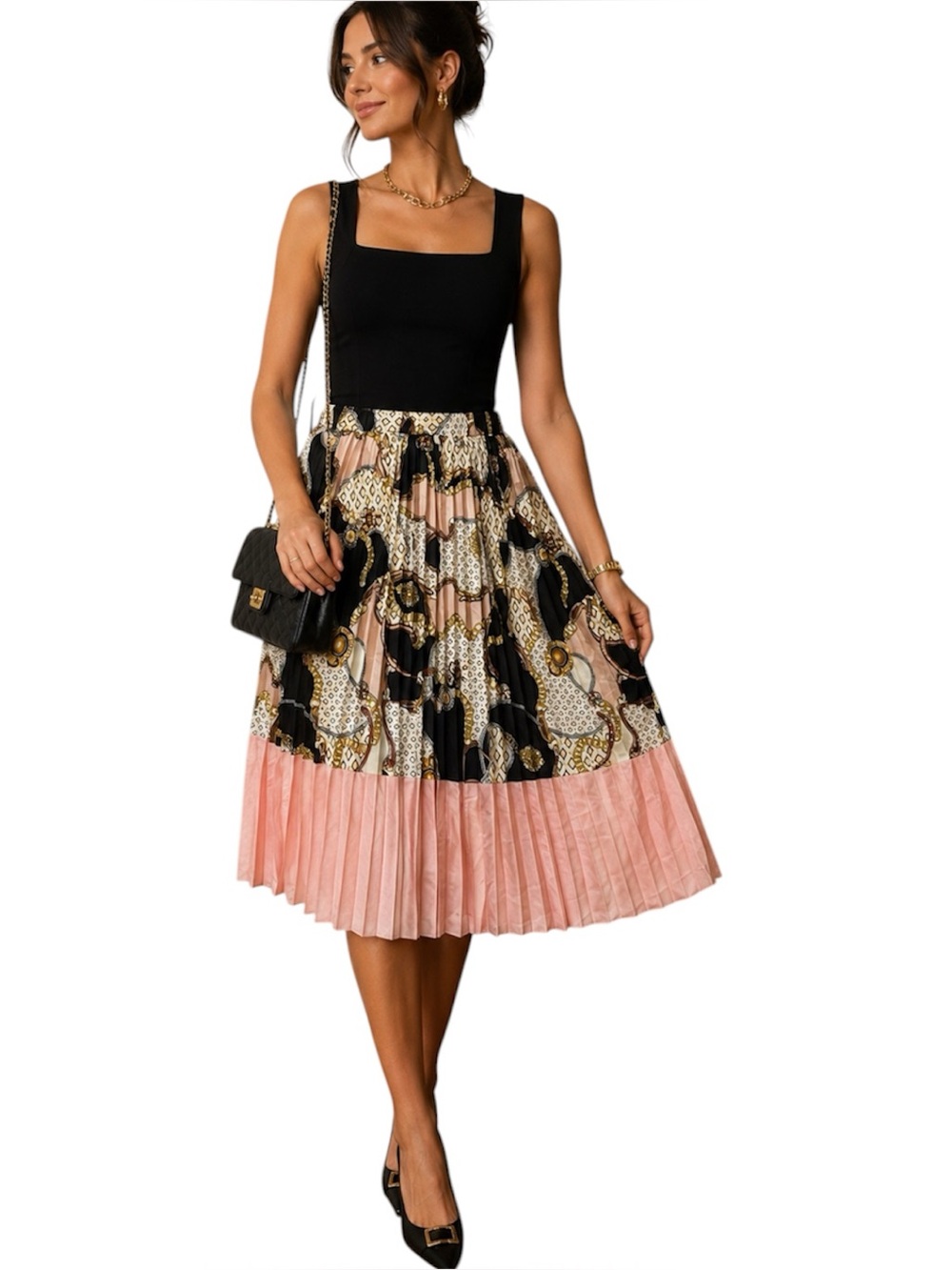 Shein Curve Pink Buchona Print High Waist Pleated Skirt 4XL